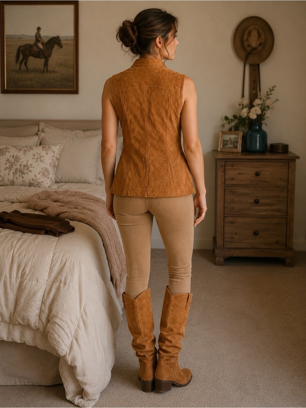 Vintage Cognac Suede Leather Vest – Equestrian Western Moto Academia Front Zip - Picture 2 of 9